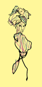 Abstract image of a woman wearing a large African head wrap.