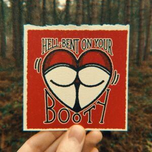 A screen printed greeting card (or print) displaying the shape of a heart as a bum or 'booty'.