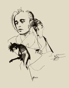 A collaged illustration of Matty Healy from the 1975 in various poses.